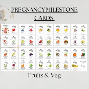Ausdruckbare Schwangerschaftsmeilensteinkarten, Obst & Gemüse, um die Größe des Babys und die niedlichen Babyfakten zu verfolgen, Babybauch Fotorequisite, sofortiger Download