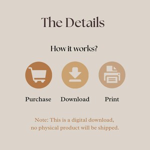 Pu&ograve; includere: Una grafica che mostra come acquistare, scaricare e stampare un prodotto digitale. La grafica include tre icone: un carrello della spesa, una freccia di download e una stampante. Il testo "The Details" e "How it works?" &egrave; incluso. Il testo "Nota: Questo &egrave; un download digitale, non verr&agrave; spedito alcun prodotto fisico." si trova nella parte inferiore della grafica.