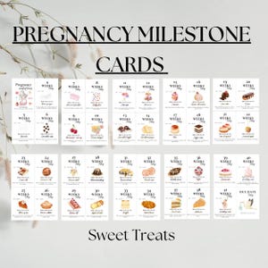 Cartes imprimables d'étape importante de la grossesse, friandises sucrées pour suivre la taille de bébé et fait de bébé mignon, accessoire photo bump de bébé, téléchargement immédiat
