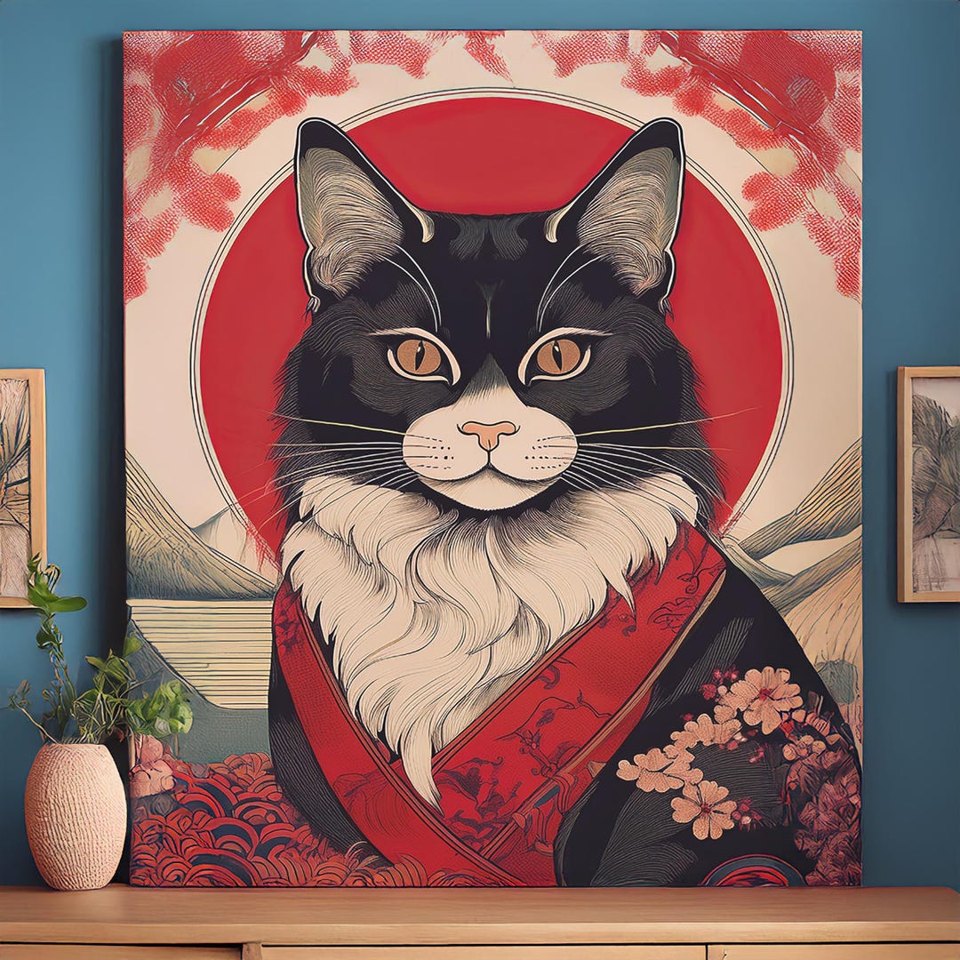 Japandi Cat Wall Art Printable – Ukiyo-e Style Black Cat in Kimono ...