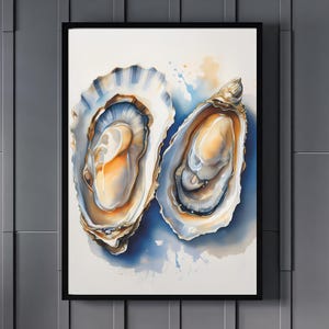 Watercolor Oyster Kitchen Art Print – Coastal Seafood Wall Decor  Neutral Nautical Poster Instant Digital Download for Dining Room Fisherman