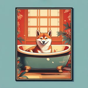 Shiba Inu Wall Art File Printable - Cute Japandi Dog Illustration in Bathtub Kawaii Decor, Gift for Animal Lovers, Cherry Blossom Dog Poster