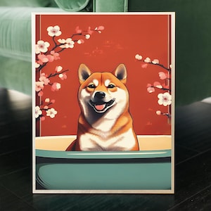 Shiba Inu Wall Art Printable – Japanese Dog Illustration with Cherry Blossoms – Cute Pet Poster for Bathroom or Japandi Room Decor Fine art