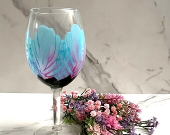 Wine Glass Turquoise and Pink Flower Hand Painted