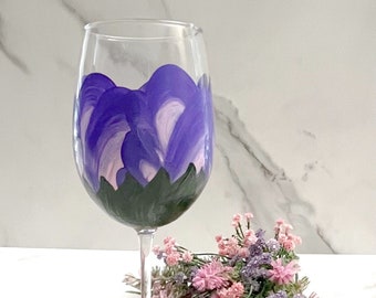 Wine Glass Purple and Pink Flower Hand Painted