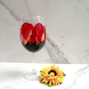 Wine Glass Red and Yellow Flower Hand Painted