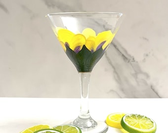 Martini Glass Yellow and  Purple Flower Hand Painted  (7.5 Ounces)