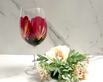 Wine Glass Burgandy and Yellow Flower Hand Painted