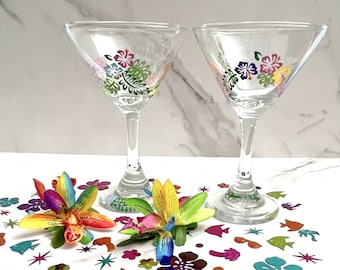 Martini Glass Tropical Flowers / Hibiscus Hand Painted  (9 Ounces)