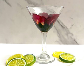 Martini Glass Burgundy and Yellow Flower Hand Painted  (7.5 Ounces)