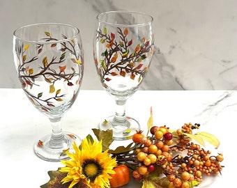 Water Goblet - Water Glass Fall Leaves Hand Painted