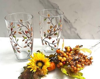 Water Glass Autumn Leaves Hand Painted