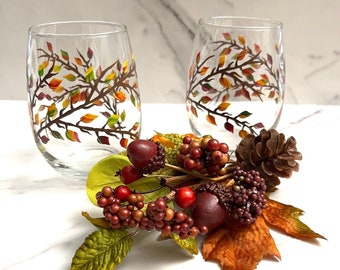 Stemless Wine Glass Fall Leaves Hand Painted