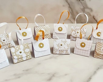 Set of 12 Pearlized White and Gold Purse Party Favors with Hershey Nugget Candy