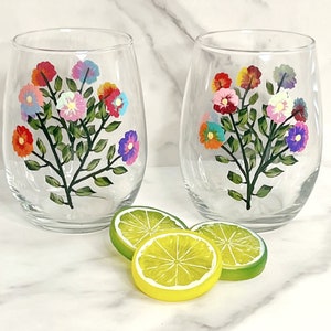 Stemless Wine Glass Hand Painted Flowers
