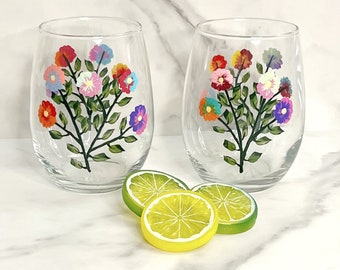 Stemless Wine Glass Hand Painted Flowers