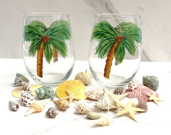 Stemless Wine Glass Hand Painted Palm Trees