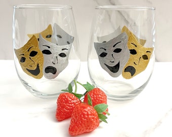 Stemless Wine Glass Comedy / Drama Masks Hand Painted