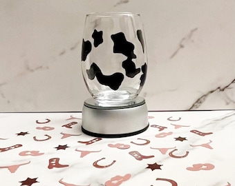 Stemless Wine Glass Hand Painted Cow Print