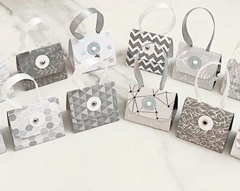 Set of 12 Silver Leaf/Grey and White Purse Party Favors with Hershey Nugget Candy