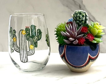 Stemless Wine Glass Hand Painted Cactus
