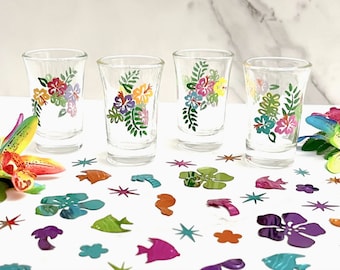 Tropical / Hibiscus Shot Glasses Hand Painted - Set of 4