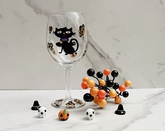 Wine Glass Black Cat Hand Painted