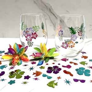 Stemless Wine Glass Hand Painted Tropical Flowers / Hibiscus