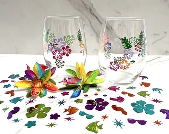 Stemless Wine Glass Hand Painted Tropical Flowers / Hibiscus