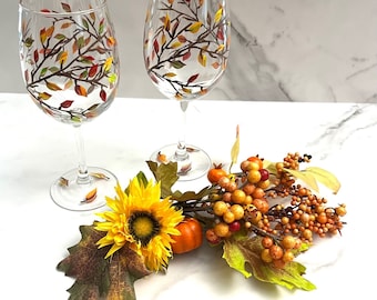 Wine Glass Fall Leaves Hand Painted