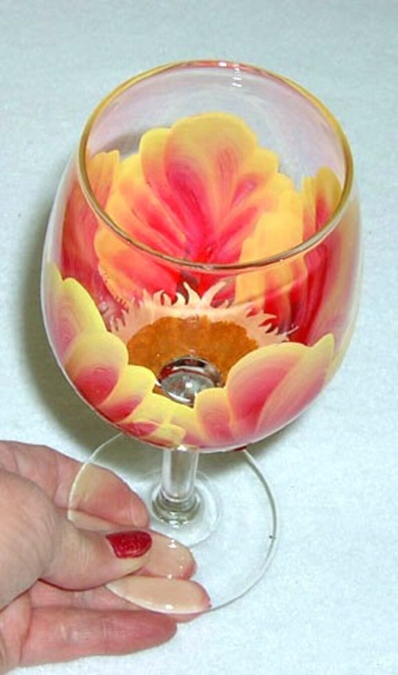 Wine Glass Yellow and Red Flower Hand Painted Etsy