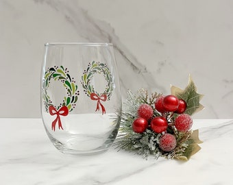 Stemless Wine Christmas Wreaths Hand Painted