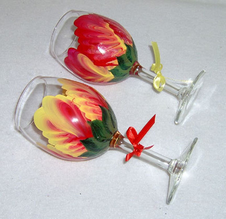 Wine Glass Yellow and Red Flower Hand Painted Etsy