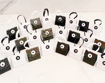 Set of 24 Pearlized White and Glossy Black on Black Purse Party Favors with Hershey Nugget Candy