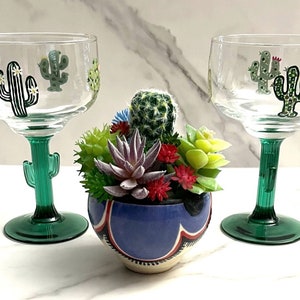 Margarita Glass Cactus Stemmed Hand Painted
