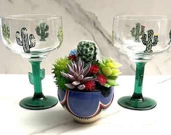 Margarita Glass Cactus Stemmed Hand Painted