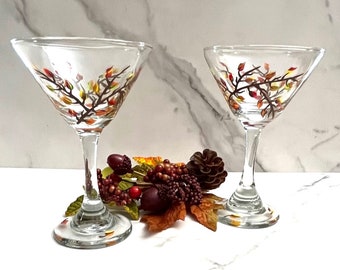 Martini Glass Autumn Leaves Hand Painted