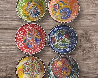 Set of 6 Handmade Turkish Bowls | Small Ceramic Serving Pottery for Prep Tapas Nuts Snack Breakfast Dishes Decorative Handpainted Gift