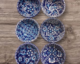 Set of 6 Handmade Turkish Bowls | Small Ceramic Serving Pottery for Prep Tapas Nuts Snack Breakfast Dishes Decorative Handpainted Gift
