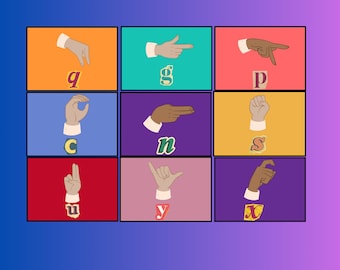 May include: A colorful chart with nine squares, each showing a different hand sign for the letters Q, G, P, C, N, S, U, Y, and X in American Sign Language.