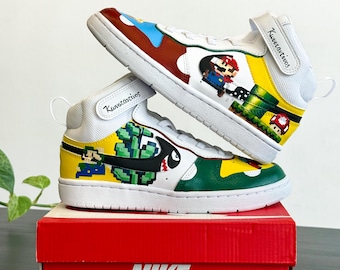 Super Mario Kids Court Mid Sneakers - Hand Painted Super Mario Kids' Court Mid
