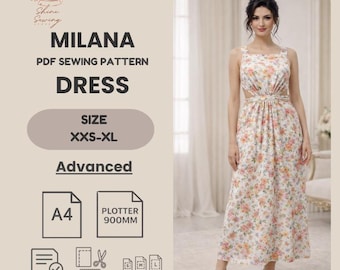 Patrón de costura digital – Vestido largo elegante / Vestido con cuello halter / XXS-XL / NO incluye tamaño Carta de EE. UU. / A4 y plotter de 900 mm / Patrón de vestido formal