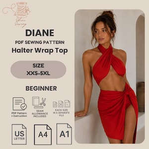 May include: A PDF sewing pattern for a red halter wrap top and matching skirt. The text reads DIANE PDF SEWING PATTERN Halter Wrap Top, SIZE XXS-5XL, BEGINNER, PDF Pattern + Instruction, SEAM ALLOWANCE INCLUDED, EACH SIZE IN A SEPARATE FILE, US LETTER, A4, A1.