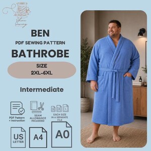 Plus Size Men's Bathrobe Sewing Pattern PDF, Waffle Robe Pattern, Shawl Collar Robe, Men's Dressing Gown, Housecoat Pattern, 2XL-6XL