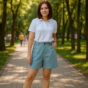 Op de afbeelding: Een wit poloshirt met korte mouwen, een kraag en een knoopsluiting, gecombineerd met lichtblauwe spijkershorts met een hoge taille, een enkele donkere knoopsluiting en zijzakken, gedragen met witte sportschoenen met dikke zolen.