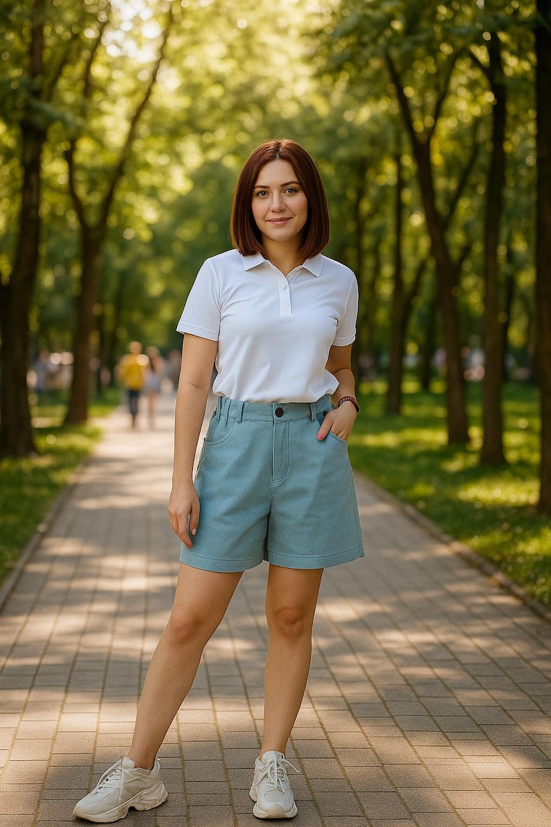 Op de afbeelding: Een wit poloshirt met korte mouwen, een kraag en een knoopsluiting, gecombineerd met lichtblauwe spijkershorts met een hoge taille, een enkele donkere knoopsluiting en zijzakken, gedragen met witte sportschoenen met dikke zolen.