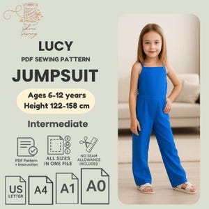 Patrón de costura en PDF / Peto Lucy para niñas / Patrón de mono infantil / Tallas 6-12 años / Ropa infantil fácil de hacer / Descargable