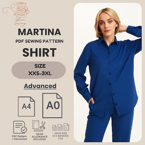 May include: A woman wearing a long-sleeved, button-down shirt and matching pants in a vibrant blue. The image includes text that reads "MARTINA PDF SEWING PATTERN SHIRT" with size options XXS-3XL. Additional icons indicate pattern features.