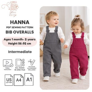 May include: A PDF sewing pattern for bib overalls titled Hanna, featuring text for ages 1 month to 2 years and heights 56-92 cm. The image shows two children wearing long-sleeved shirts under charcoal gray and magenta bib overalls with buttons.