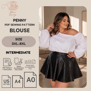 Könnte beinhalten: Ein digitales Schnittmuster für eine Bluse namens Penny, entworfen für die Größen 3XL-8XL. Das Dokument enthält Anleitungen, Nahtzugaben und Dateien für den Druck in US Letter, A4 und A0. Die Bluse hat lange Ärmel und einen schulterfreien Ausschnitt.